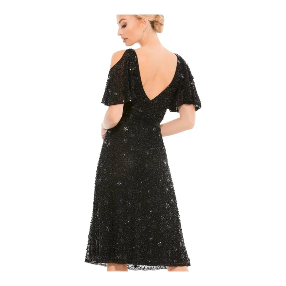 Mac Duggal Black Sequin Cold Shoulder Cocktail Dress Size 12 - Picture 4 of 11